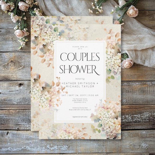 Invitation Romantique Neutre Vintage Hydrangée Couples Douche (Créateur téléchargé)
