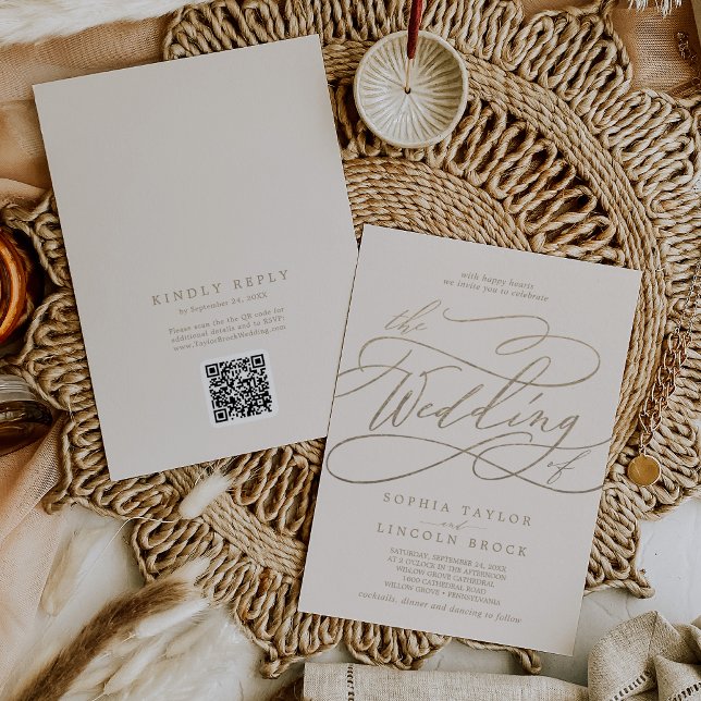 Invitation Romantique or et ivoire QR Code tout en un Mariage (Créateur téléchargé)