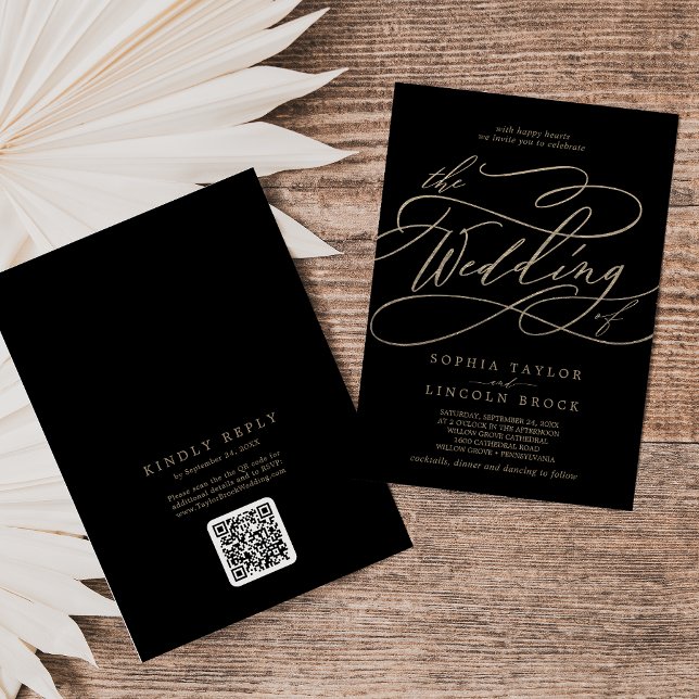 Invitation Romantique or et noir QR Code tout en un Mariage (Créateur téléchargé)