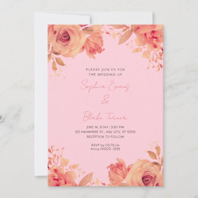 Invitation Romantique Orange Rose Été Pastel Pink Mariage (Devant)