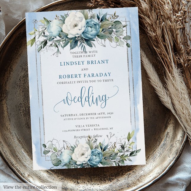 Invitation Romantique Pastel Bleu Blanc Fleurs d'argent Maria (Romantic Pastel Blue White Silver Flowers Wedding Invitation)