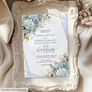 Invitation Romantique Pastel Blue Gold Flowers Mariage Invite