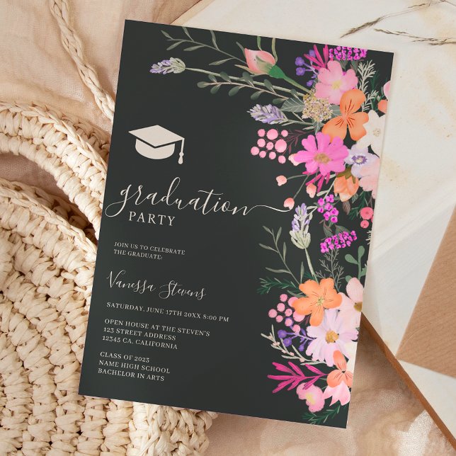 Invitation Romantique pastel fleurs sauvages printemps gradua (Créateur téléchargé)