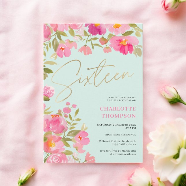 Invitation Romantique Peint à la main rose menthe fleurie Swe (Romantic Hand-Painted Pink Floral mint Sweet 16 Invitation)