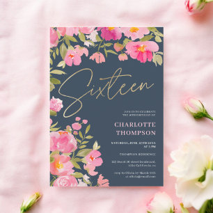 Invitation Romantique Peint rose Floral bleu sucré 16