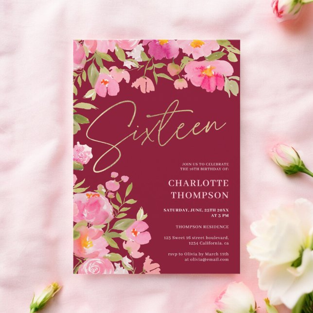 Invitation Romantique Peint rose Floral bordeaux Doux 16 (Romantic Painted Pink Floral burgundy Sweet 16 Invitation)