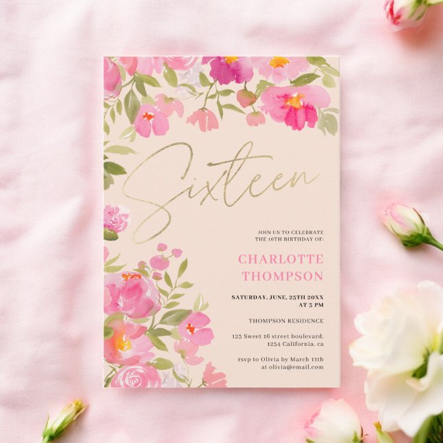 Invitation Romantique Peint rose floral pêche douce 16 (Romantic Painted Pink Floral peach Sweet 16 Invitation)