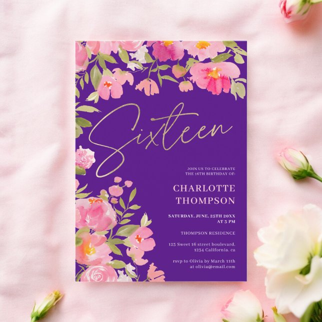 Invitation Romantique Peint rose Floral pourpre doux 16 (Romantic Painted Pink Floral purple Sweet 16 Invitation)