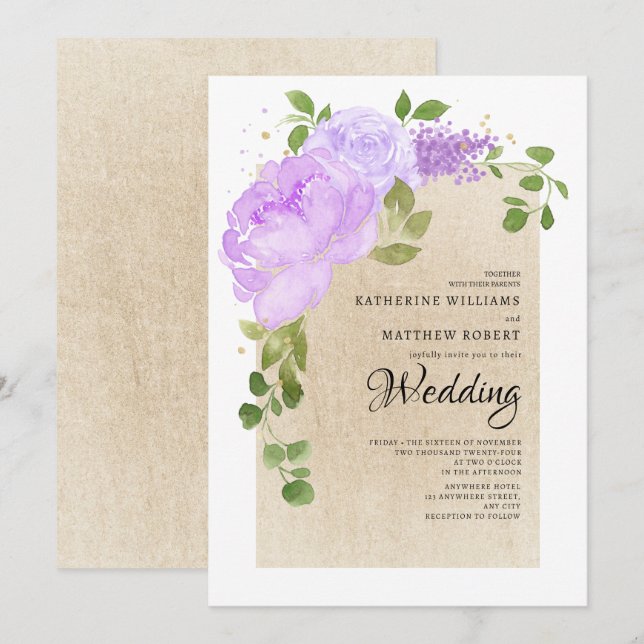 Invitation Romantique Purple Tons Roses Boho Floral Mariage (Devant / Derrière)