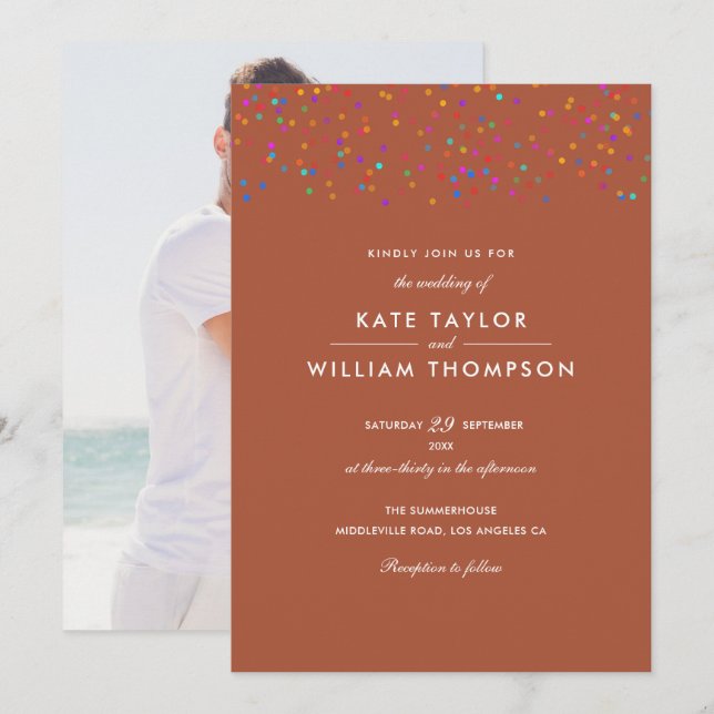 Invitation Romantique Rainbow Confetti Terracotta Mariage pho (Devant / Derrière)