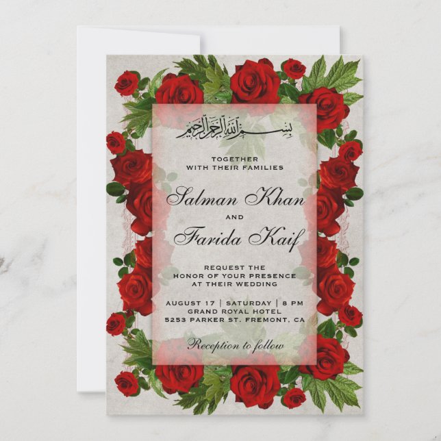 Invitation Romantique Red Roses Frame islamique musulman Mari (Devant)