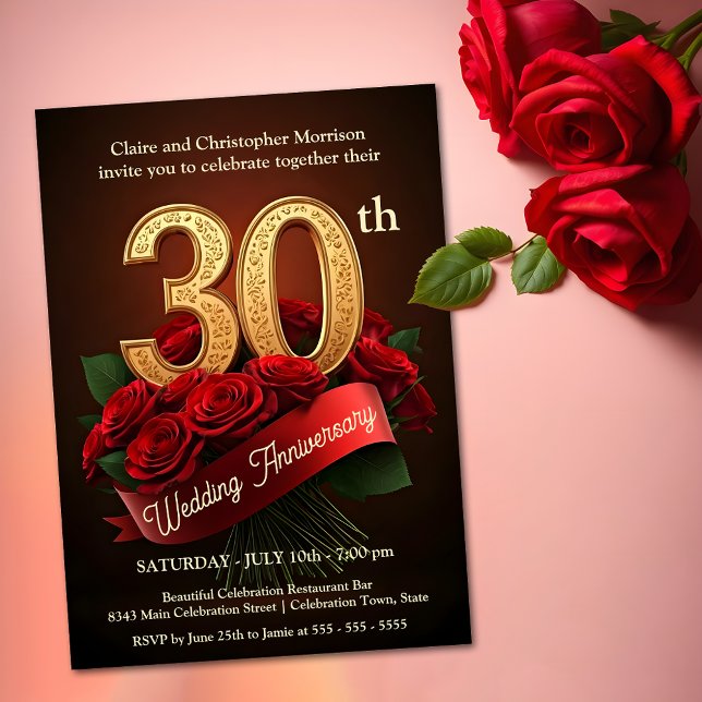 Invitation Romantique Red Roses Gold 30e anniversaire Mariage (Créateur téléchargé)