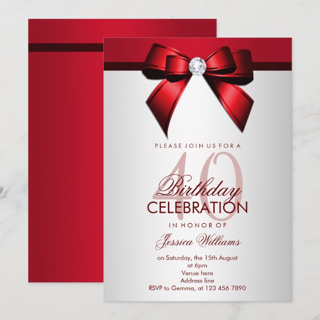 Invitation Romantique Red & Silver 40e fête d'anniversaire (Devant / Derrière)
