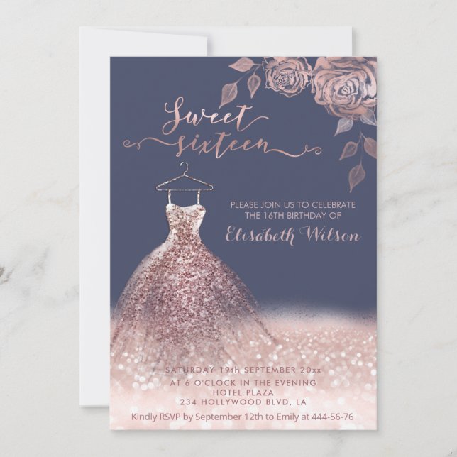 Invitation Romantique Rose d'or glitrobe roses (Devant)