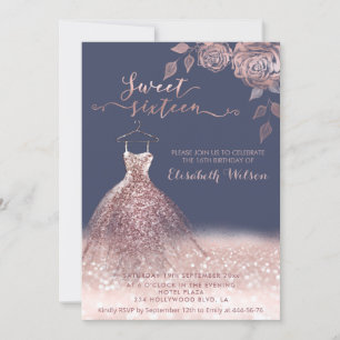 Invitation Romantique Rose d'or glitrobe roses