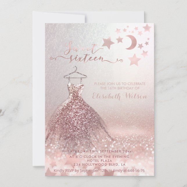 Invitation Romantique Rose d'or glitterie robe céleste Invita (Devant)