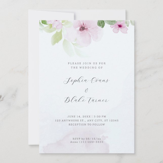 Invitation Romantique rose et vert Floral Mariage (Devant)