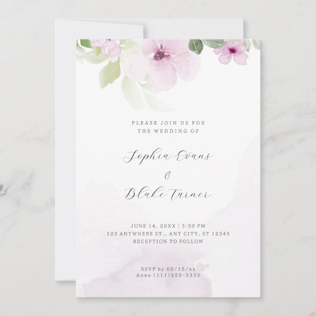 Invitation Romantique rose et vert Floral Mariage blanc (Devant)