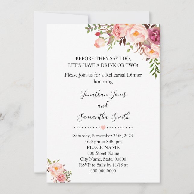 Invitation Romantique Rose Floral Boho Dîner de répétition ch (Devant)