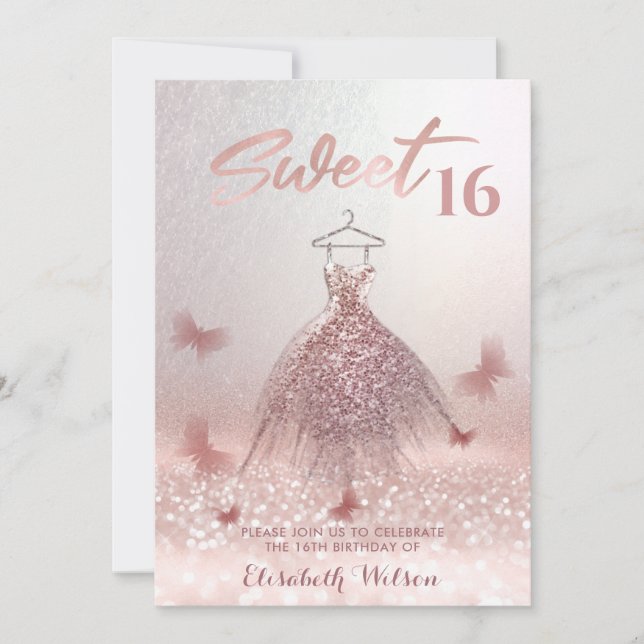 Invitation Romantique Rose or gliterie robe papillon Invita (Devant)