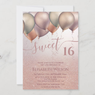 Invitation Romantique Rose or gliton ombre ballon