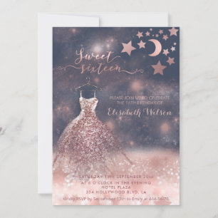 Invitation Romantique Rose or glitterie robe céleste