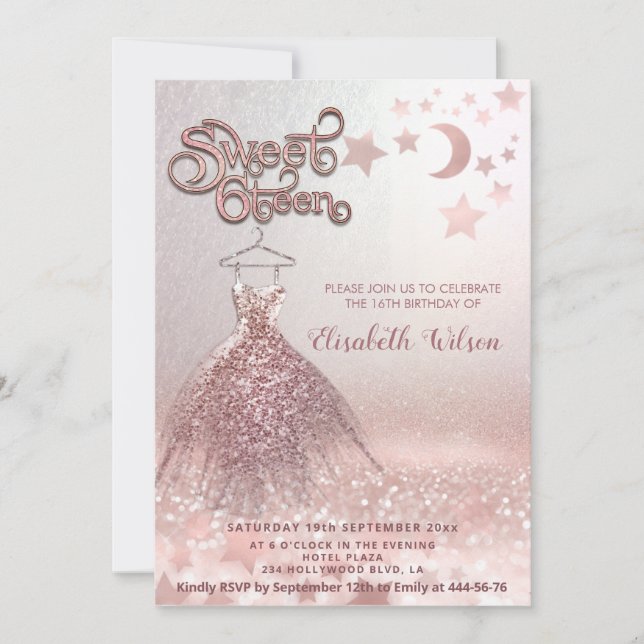 Invitation Romantique Rose or glitterie robe céleste (Devant)