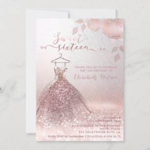 Invitation Romantique Rose or glitterie robe roses Invitatiat