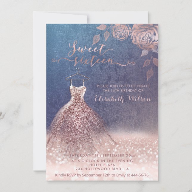 Invitation Romantique Rose or glitterie robe roses Invitatiat (Devant)