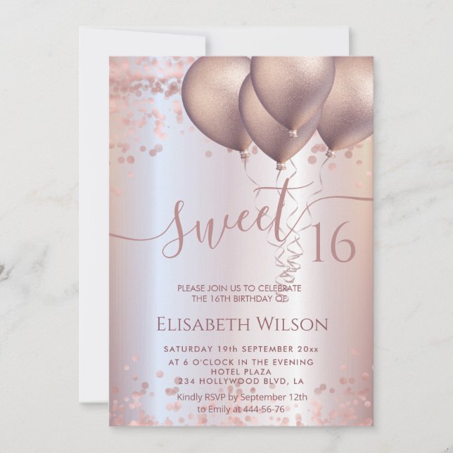 Invitation Romantique Rose or glittery ombre ballon photo I (Devant)