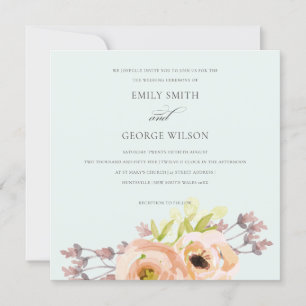INVITATION ROMANTIQUE ROSE PEACH BLEU DOUX BLEU MARIAGE FLORA