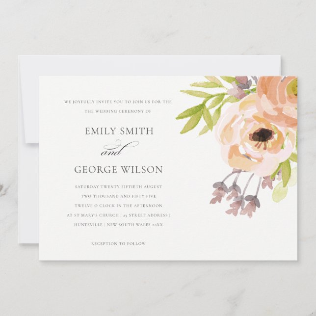 INVITATION ROMANTIQUE ROSE PEACH BLUSH ÉLÉGANT MARIAGE FLORAL (Devant)