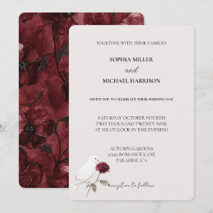 Invitation Romantique Rose Rouge Blanc Oiseau Floral Mariage