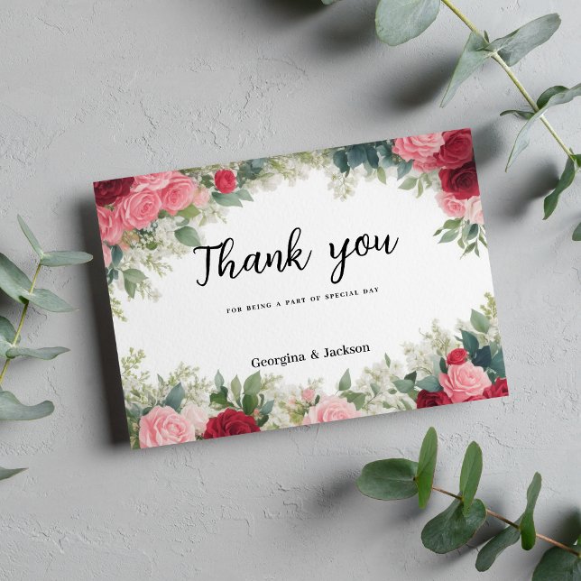 Invitation Romantique rose rouge menthe rose Merci (Romantic pink red white mint roses Thank You )