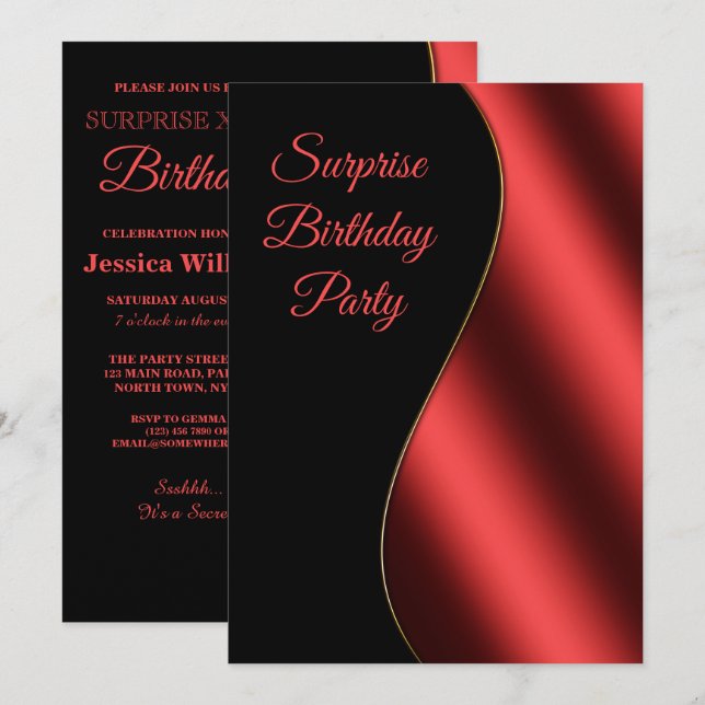 Invitation Romantique Rouge & Black Wave Surprise Anniversair (Devant / Derrière)