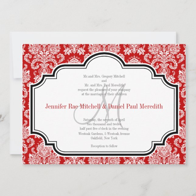Invitation Romantique Rouge Damas Noir Blanc Mariage Invite (Devant)