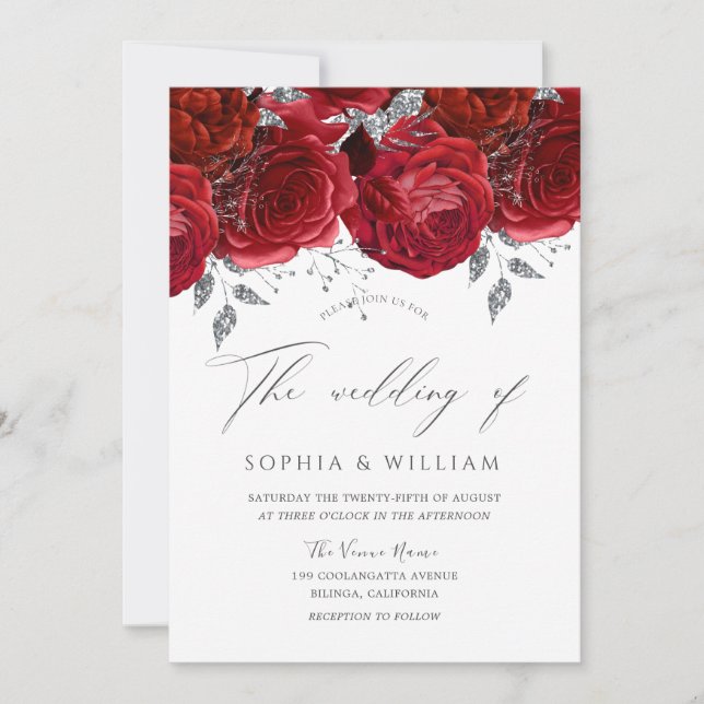 Invitation Romantique Rouge Roses Silver Leaf Mariage élégant (Devant)