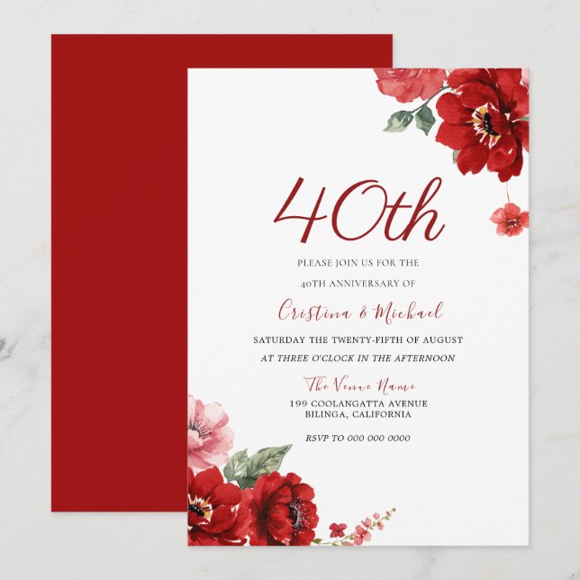 Invitation Romantique Rouge Rubis Floral 40e Anniversaire (Devant / Derrière)