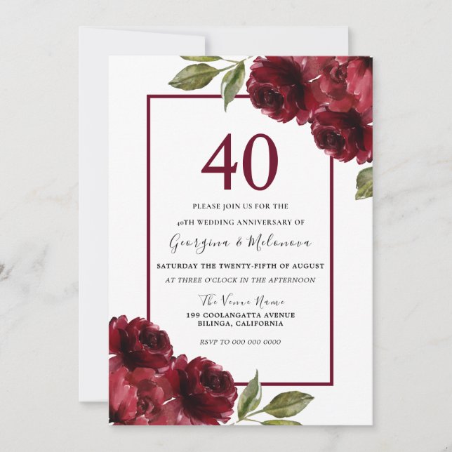 Invitation Romantique Ruby Red Roses 40e anniversaire Mariage (Devant)