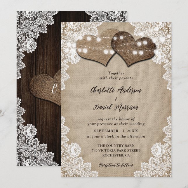 Invitation Romantique rustique Pays Chic Burlap Mariage dente (Devant / Derrière)