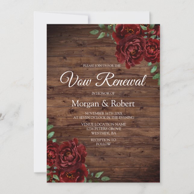 Invitation Romantique Rustique Rouge Rose Vow Renouvellement  (Devant)