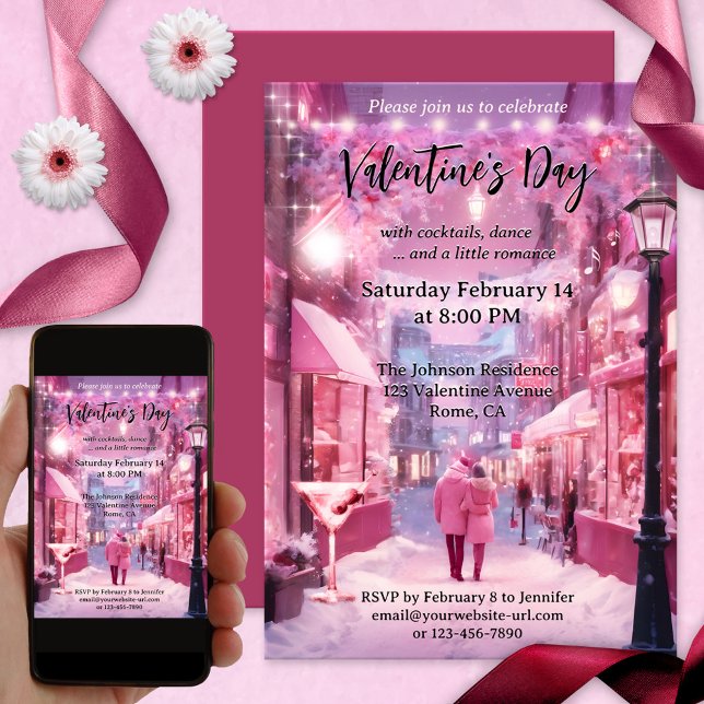 Invitation Romantique Sweet Rose mignonne Saint Valentin (A sweet Valentine's Day party invitation featuring a couple in love in a pink fantasy world)