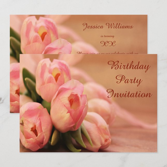 Invitation Romantique Tulipes roses Anniversaire (Devant / Derrière)