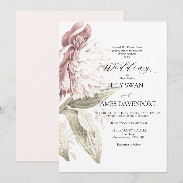 Invitation Romantique Vintage Peony Mariage (Devant / Derrière)
