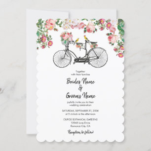 Invitation Romantique Vintage Vélo Fleurs & Oiseaux Mariage