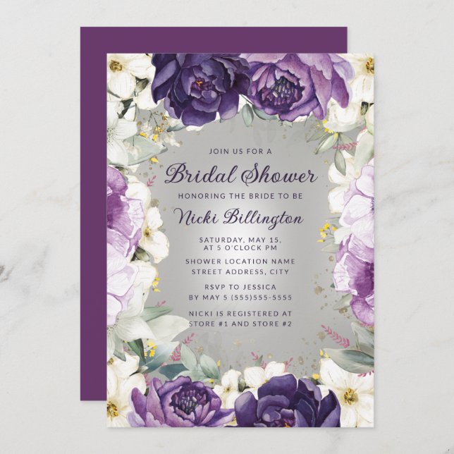 Invitation Romantique violet blanc Parties scintillant floral (Devant / Derrière)
