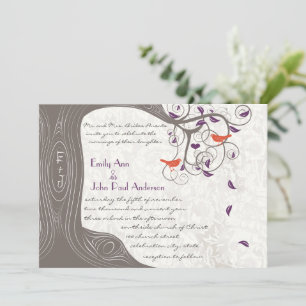 Invitation Romantique violet et corail rustique arbre lovebir