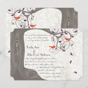 Invitation Romantique violet et corail rustique arbre lovebir