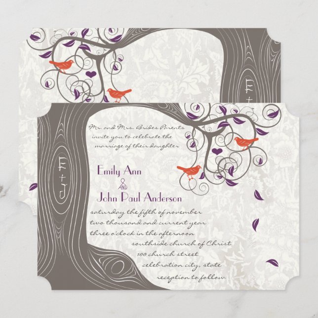Invitation Romantique violet et corail rustique arbre lovebir (Devant / Derrière)