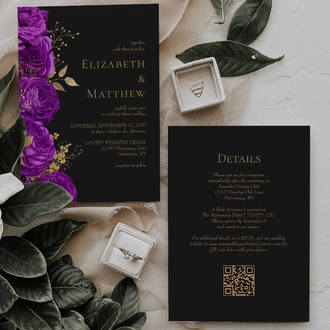 Invitation Romantique violet or foncé Floral QR Code Mariage (Créateur téléchargé)